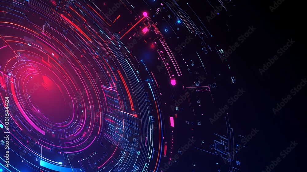 Obraz premium Abstract futuristic technology background with glowing neon circles and lines.
