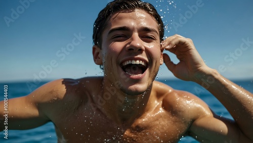 Close-up of a young man joyfully splashed by water against a blue backdrop.