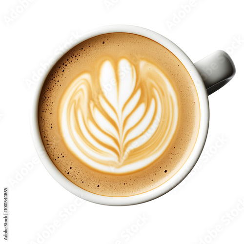 A top view of a latte with beautiful, intricate latte art in the shape of a leaf, served in a white cup isolated on transparent background.