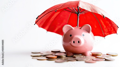 A playful scene featuring a pink piggy bank under a red umbrella with coins scattered on a white background,