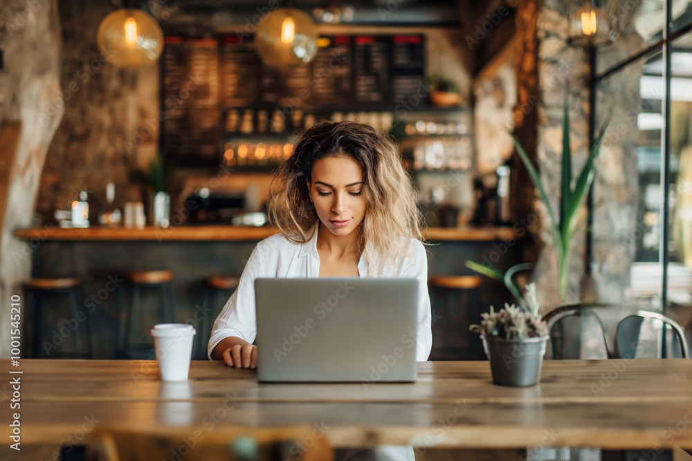 Woman working on laptop in a modern cafe with coffee at a wooden table in a casual interior Woman working on laptop in a modern cafe with coffee at a wooden table in a casual interior