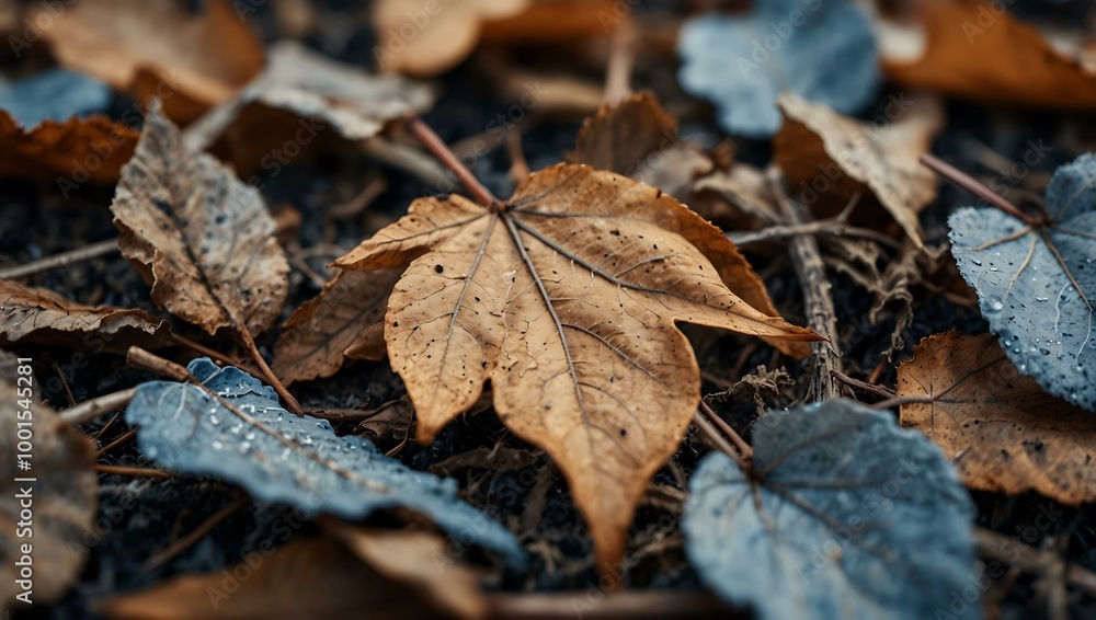 Close-up of dry leaves on the ground, featuring brown and blue-gray tones of winter. Close-up of dry leaves on the ground, featuring brown and blue-gray tones of winter.