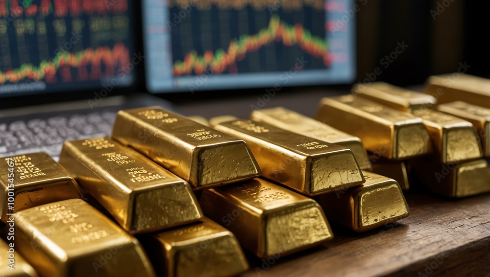 Close-up of gold bars alongside trading graphs. Close-up of gold bars alongside trading graphs.