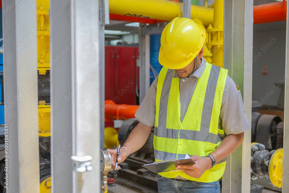 Asian engineer wearing glasses working in the boiler room,maintenance checking technical data of heating system equipment,Thailand people Asian engineer wearing glasses working in the boiler room,maintenance checking technical data of heating system equipment,Thailand people