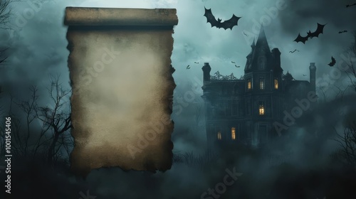 Spooky Halloween scene with a blank parchment scroll, haunted house, and flying bats in the foggy night sky.