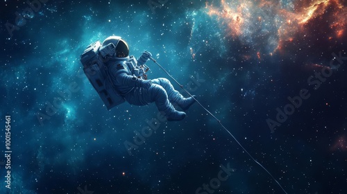 Astronaut floating in deep space, tethered to spacecraft, surrounded by stars and nebula. Cosmic exploration and adventure concept.