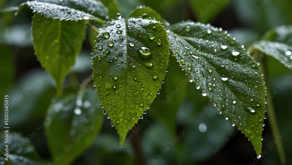 Close-up of green leaves with dew Close-up of green leaves with dew
