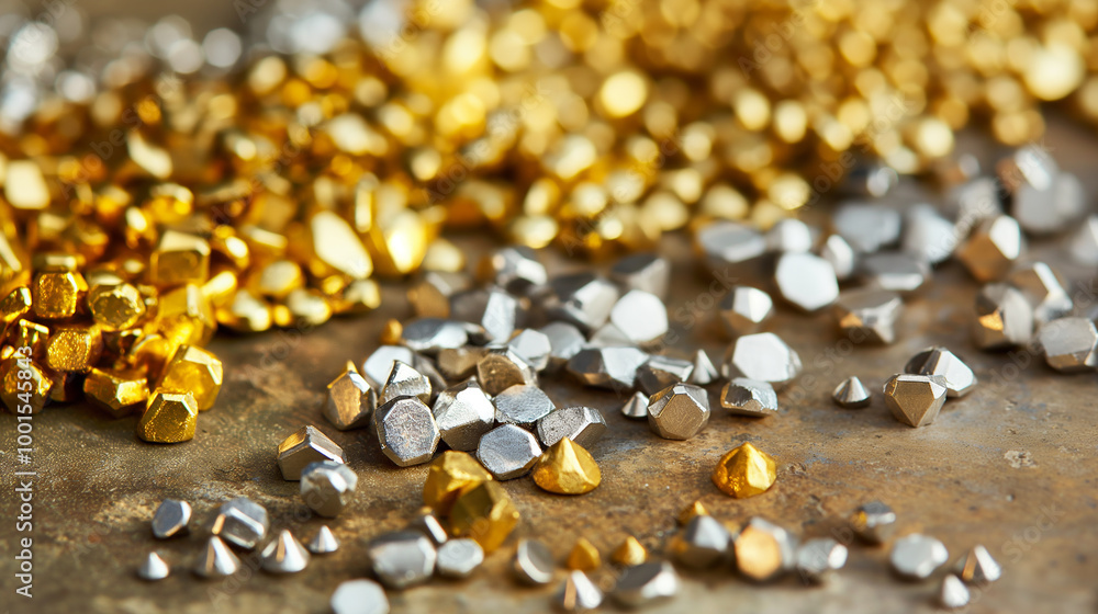 Nuggets of gold and silver shine brightly, representing wealth, treasure, and precious metal deposits Nuggets of gold and silver shine brightly, representing wealth, treasure, and precious metal deposits