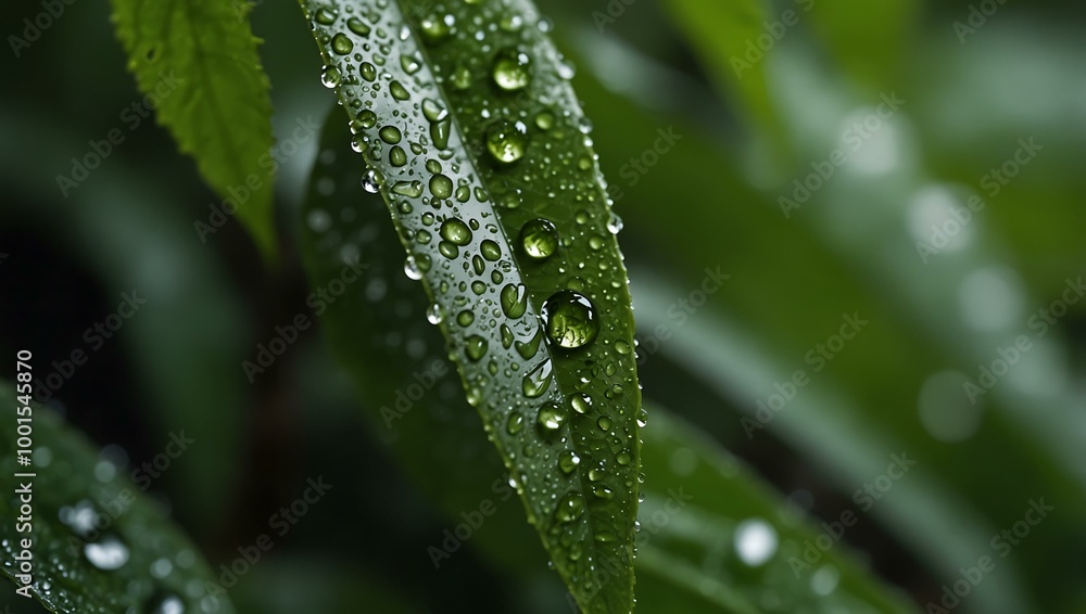 Close-up of green leaves with dew Close-up of green leaves with dew