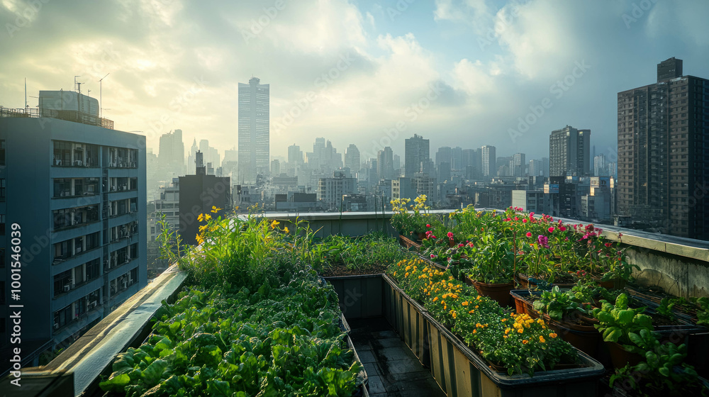 Lush Rooftop Garden with Vegetables Overlooking a Skyscraper Cityscape at Dawn, Rooftop Garden Concept Lush Rooftop Garden with Vegetables Overlooking a Skyscraper Cityscape at Dawn, Rooftop Garden Concept