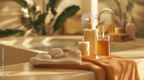 Luxury spa bathroom with relaxation essentials like candles, towels, and aromatherapy for complete wellness photo