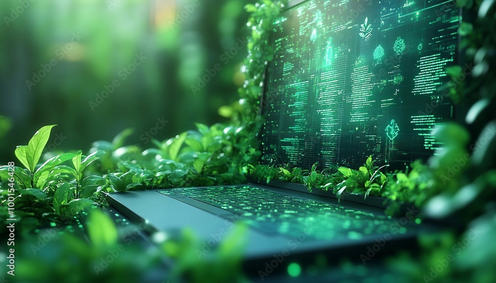 Obraz premium Sustainable Project Planning, green digital workspace where project tasks grow like plants in a futuristic garden.