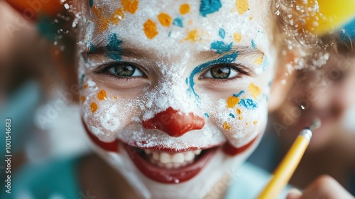 Smiling child with dotted clown face paint, featuring bright colors and playful patterns; creates a joyful atmosphere amid festivity and amusement. photo