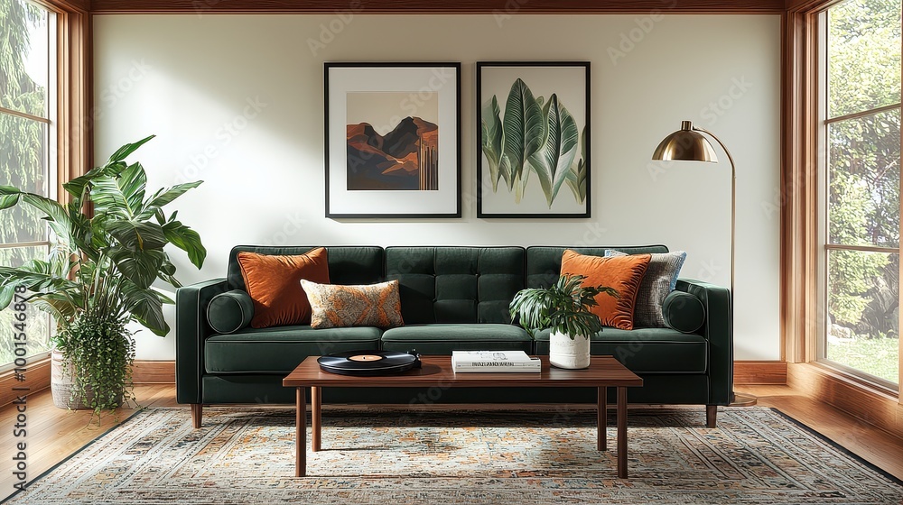A living room with a green couch, a coffee table, and a potted plant. The room has a modern and cozy feel, with a mix of natural elements and furniture A living room with a green couch, a coffee table, and a potted plant. The room has a modern and cozy feel, with a mix of natural elements and furniture