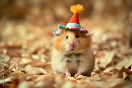 Adorable hamster wearing a colorful hat, posing cheerfully in a bed of woodchips