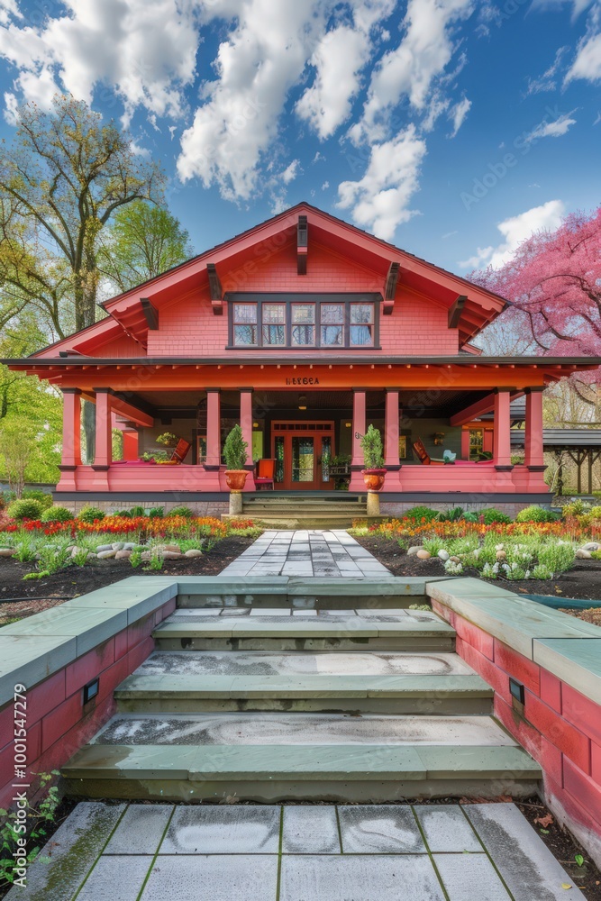 Bright coral Craftsman home with a large, welcoming porch and colorful garden beds. Bright coral Craftsman home with a large, welcoming porch and colorful garden beds.