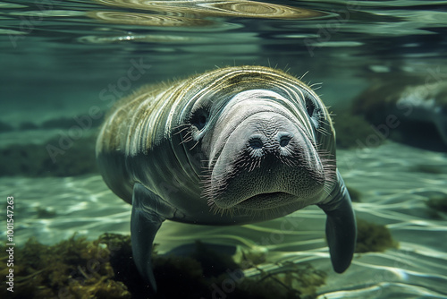 Wildlife photo of a serene manatee swimming underwater, capturing the marine creature in its natural habitat