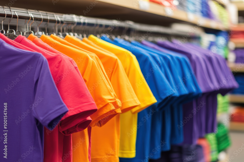 Obraz premium Colorful assortment of t-shirts on retail display
