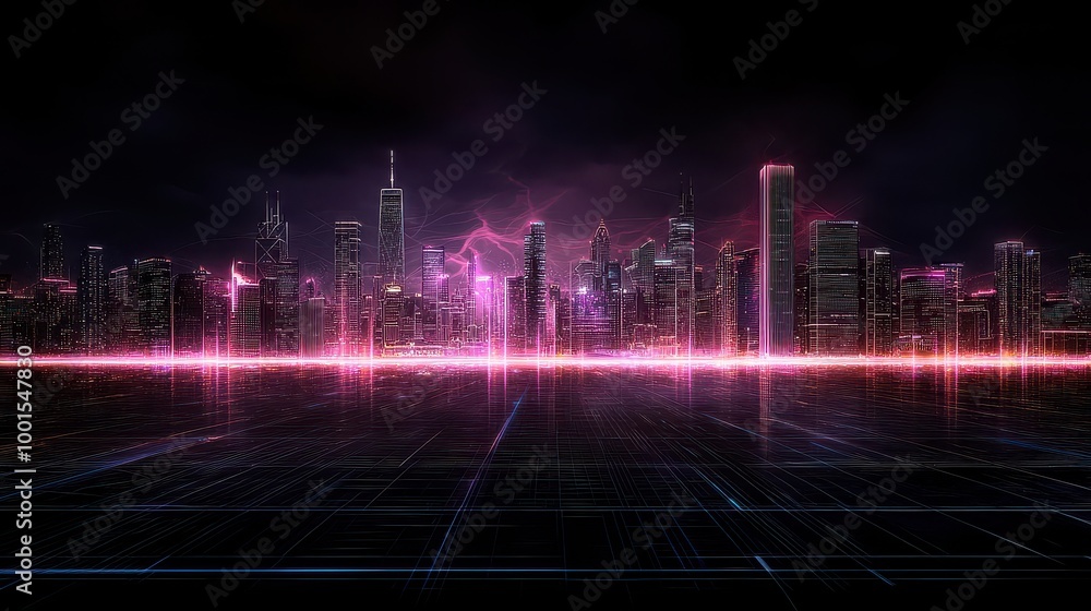 A city skyline with a purple hue. The city is lit up with neon lights. Scene is futuristic and vibrant A city skyline with a purple hue. The city is lit up with neon lights. Scene is futuristic and vibrant