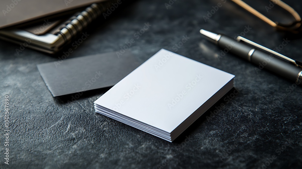 A clean and modern business card template with geometric shapes, placed on a dark desk with a pen and notebook in view. A clean and modern business card template with geometric shapes, placed on a dark desk with a pen and notebook in view.