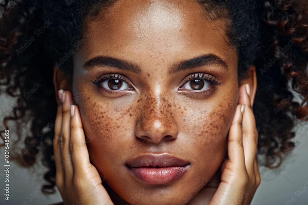 Beauty portrait and natural face of black woman with healthy freckle skin texture touch Aesthetic facial and skincare cosmetic model girl touching cheeks for self love and wellness Beauty portrait and natural face of black woman with healthy freckle skin texture touch Aesthetic facial and skincare cosmetic model girl touching cheeks for self love and wellness
