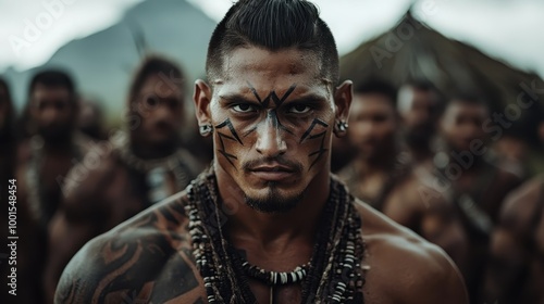 A tribal warrior adorned with bold tattoos displays a serious gaze, representing bravery and leadership in a strong cultural and traditional context.