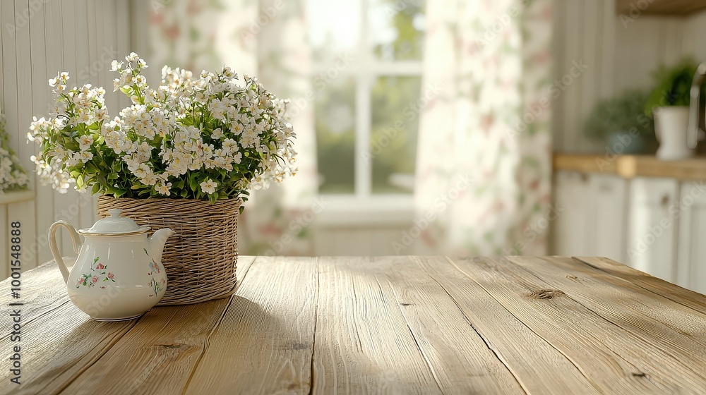 A white tea pot sits on a wooden table next to a vase of flowers. The table is empty and the flowers are the main focus of the image. Concept of calm and relaxation, as the tea pot A white tea pot sits on a wooden table next to a vase of flowers. The table is empty and the flowers are the main focus of the image. Concept of calm and relaxation, as the tea pot