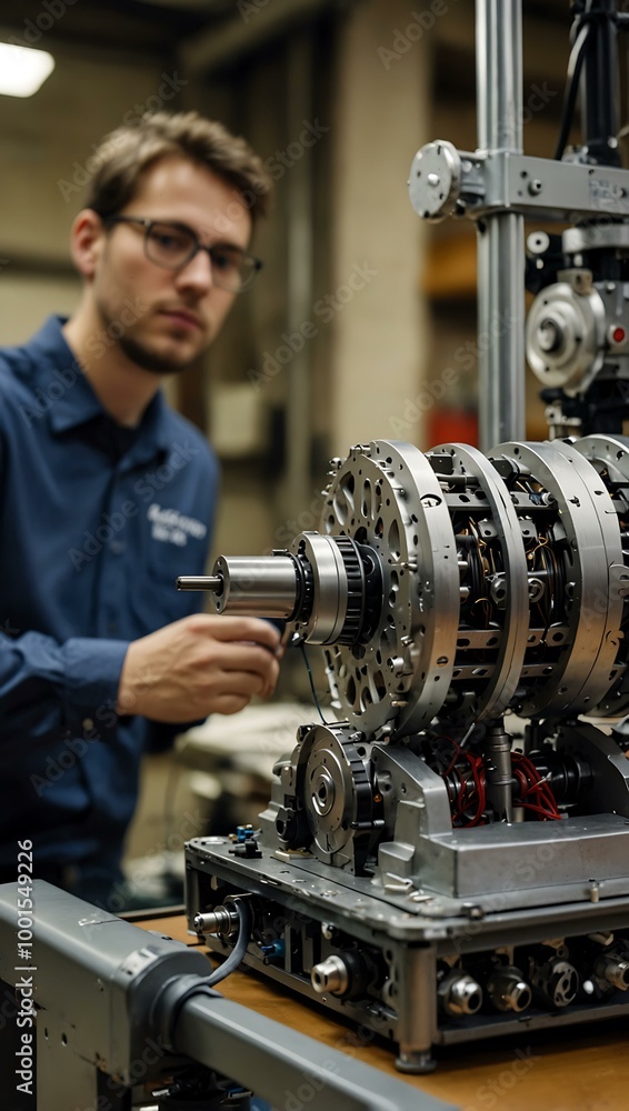 Collaborative engineers fine-tuning robot motors and gears. Collaborative engineers fine-tuning robot motors and gears.