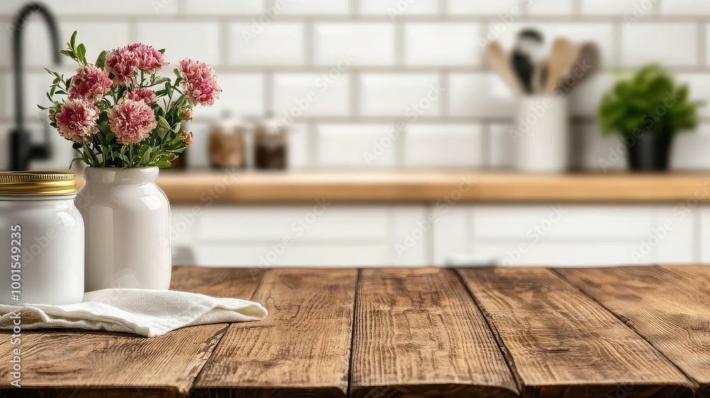 A wooden table with two vases of flowers and a white cloth on it. The table is in a kitchen A wooden table with two vases of flowers and a white cloth on it. The table is in a kitchen