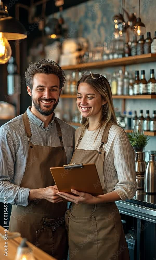 Caucasian small company owner grinning, serving as a waiter or barista as a female auditor holds a clipboard and stands at the bar, restaurant, or cafe counter, examining the quality of the products w Caucasian small company owner grinning, serving as a waiter or barista as a female auditor holds a clipboard and stands at the bar, restaurant, or cafe counter, examining the quality of the products w