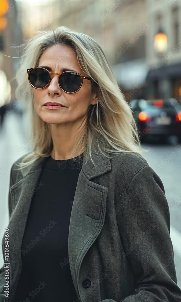 Mature, middle-aged, blonde woman with blond hair strolling through the city streets and going shopping outside Mature, middle-aged, blonde woman with blond hair strolling through the city streets and going shopping outside
