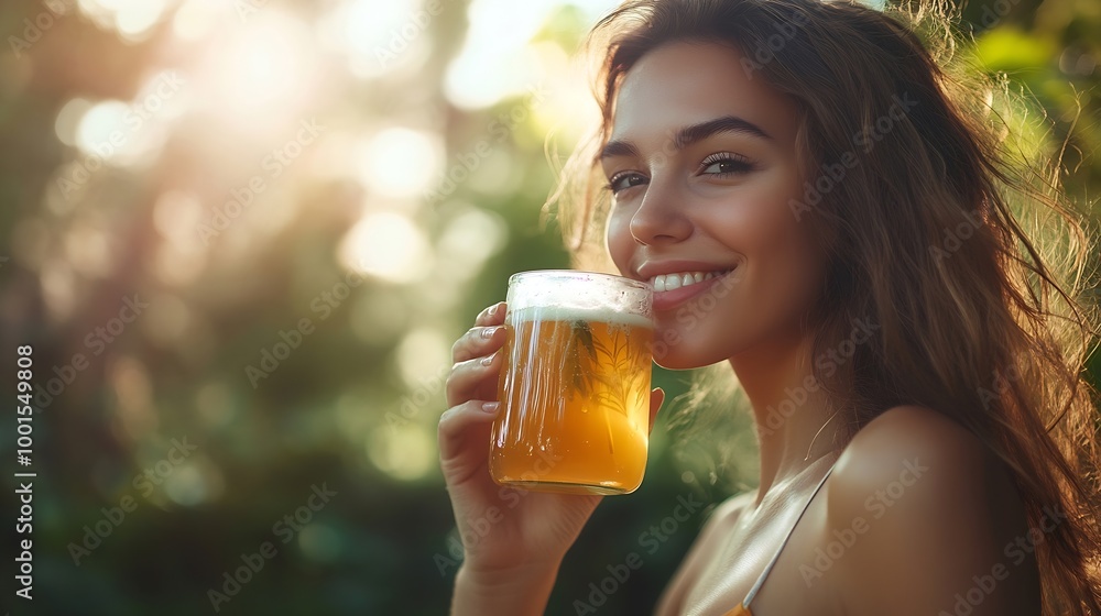Happy Woman Drinking Refreshing Kombucha in the Sunlight surrounded by Nature : Generative AI Happy Woman Drinking Refreshing Kombucha in the Sunlight surrounded by Nature : Generative AI