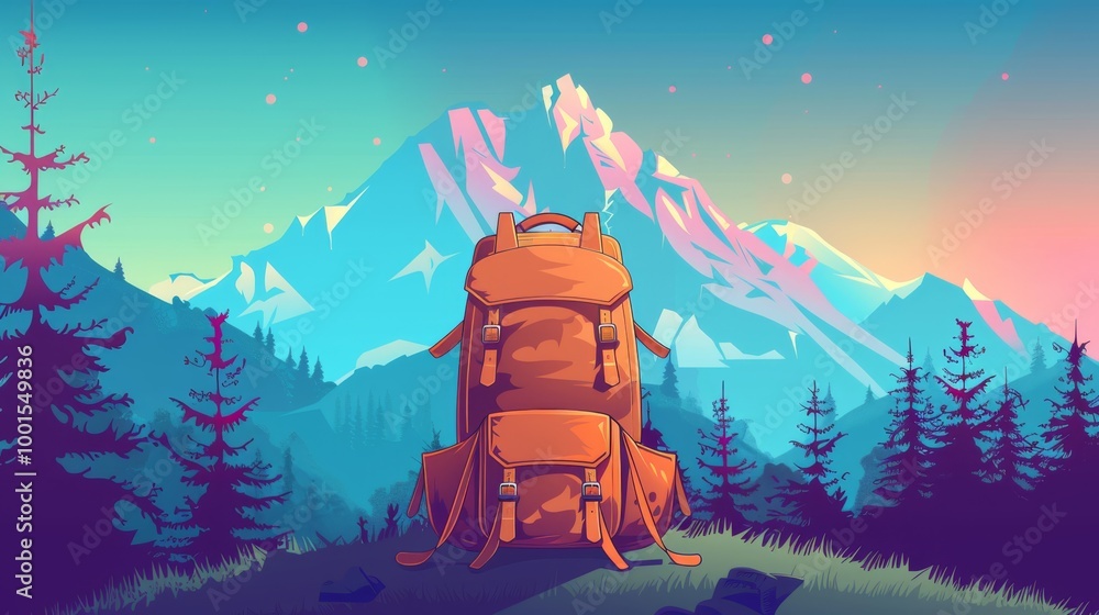 Fototapeta premium Time to hike banners, hiking camping adventure concept with backpack, stuff and equipment. Travel trip, outdoors expedition journey, tourism recreation, cartoon modern illustration.