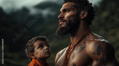 A man with a child sharing a moment in a scenic wilderness, conveying themes of trust, mentorship, and awe, with natural beauty and rugged mountains in the background.