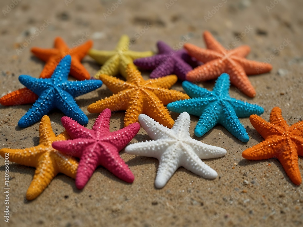 Collection of starfish on a beach, showcasing their unique colors. Collection of starfish on a beach, showcasing their unique colors.