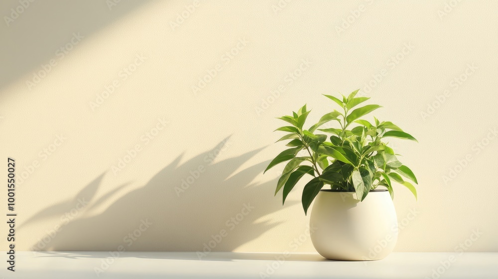 A single green plant in a minimalist white flowerpot on a clean, soft-toned background, showcasing elegance and freshness A single green plant in a minimalist white flowerpot on a clean, soft-toned background, showcasing elegance and freshness