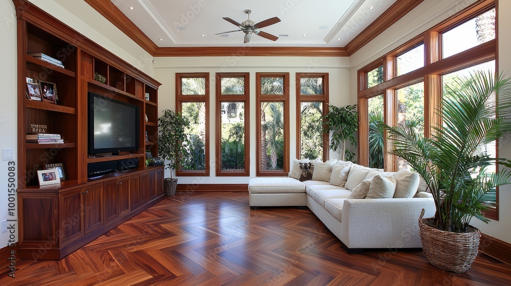 A living room with a large white couch and a television. The room is well lit and has a warm, inviting atmosphere A living room with a large white couch and a television. The room is well lit and has a warm, inviting atmosphere