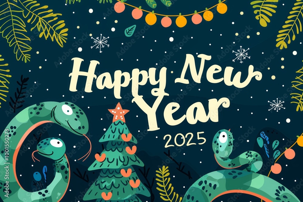 Fototapeta premium A colorful poster with a snake and a star on it that says Happy New Year 2025