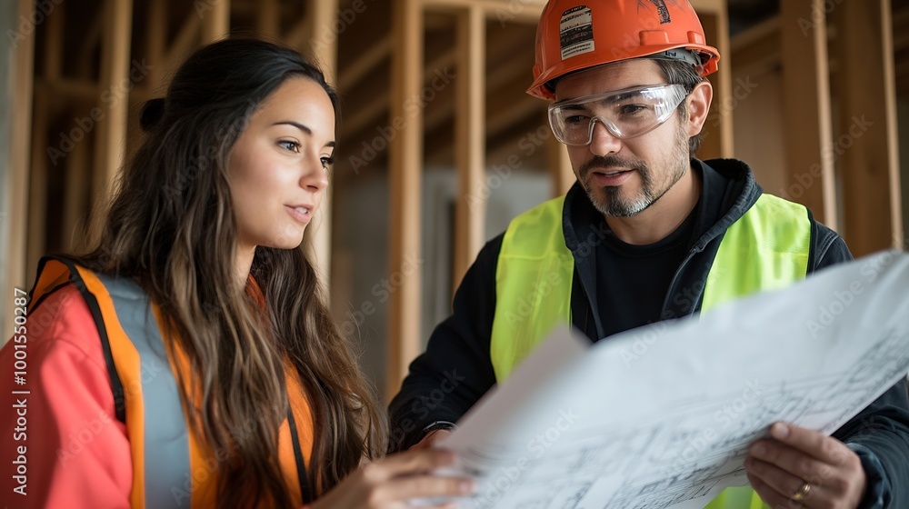 Obraz premium Young woman architect explaining blueprint to supervisor wearing safety vest at construction site Mid adult contractor holding blueprint and understanding manager vision at constructio : Generative AI