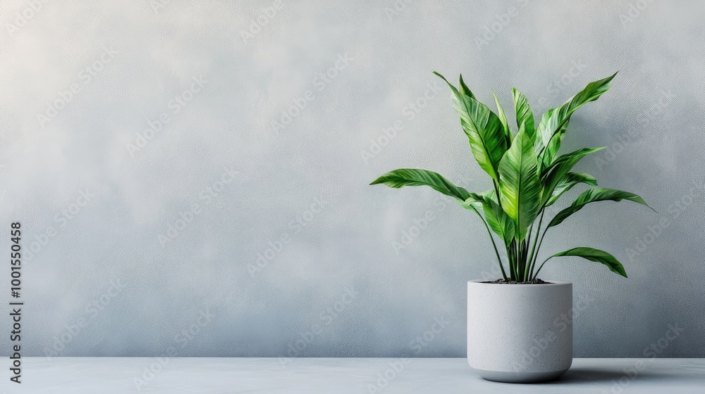 A single green plant in a sleek grey pot with a clean, neutral background, emphasizing freshness and modern decor A single green plant in a sleek grey pot with a clean, neutral background, emphasizing freshness and modern decor