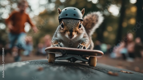 Motivated squirrel zooms on a skateboard, donning a black helmet, showcasing its daredevil nature and a whimsical side amidst trees and an audience. photo