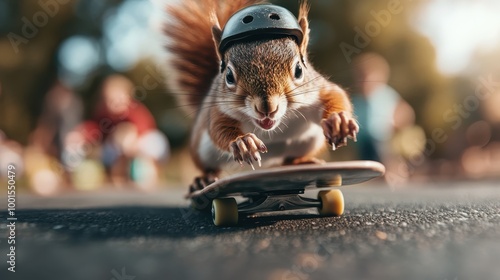 Radiant squirrel wearing a helmet, skateboards energetically, exuding joy and enthusiasm, reflecting a whimsical nature and a zestful personality. photo