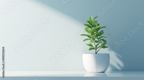 A single green plant in a sleek, white flowerpot, set against a clean, bright background, representing freshness and purity