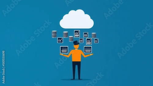 Data engineer designing pipeline, database and cloud icons, flat design illustration