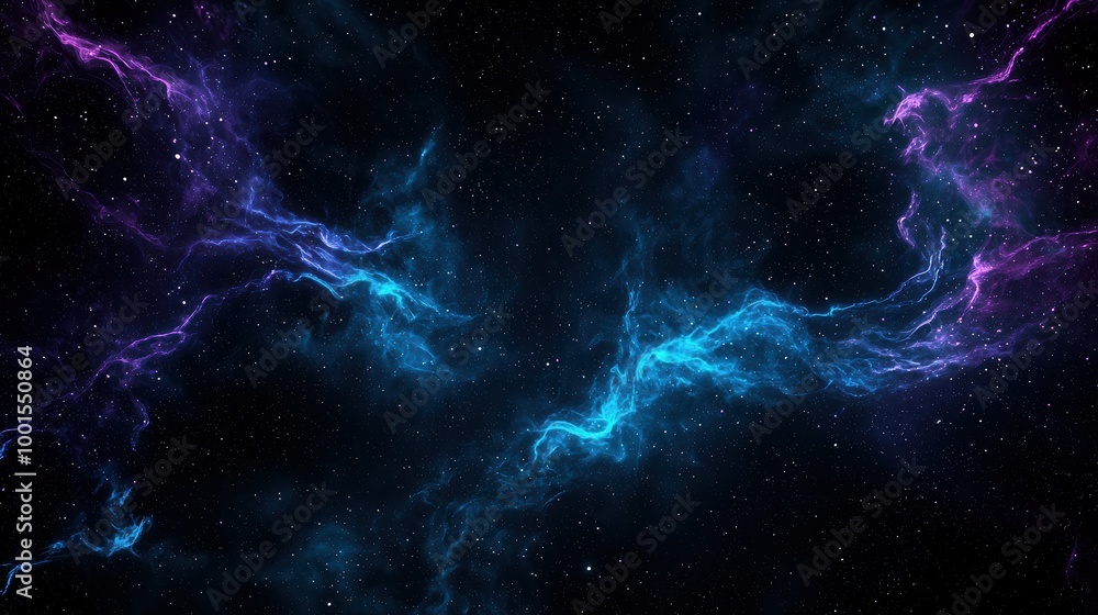 Fototapeta premium A blue and purple galaxy with stars and a purple line. The blue and purple colors give the galaxy a dreamy and peaceful mood