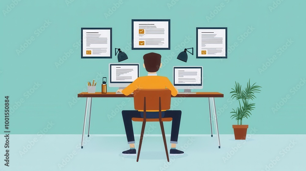 Software engineer reviewing code, feedback and approval icons, flat design illustration Software engineer reviewing code, feedback and approval icons, flat design illustration
