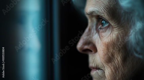 An elderly woman with a pensive expression looking out a window, her face illuminated by soft light, evoking feelings of nostalgia and quiet reflection. photo