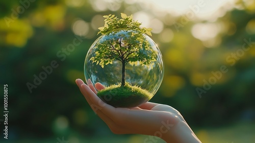 Global sustainable environment concept  ESG net zero eco co2 carbon human hand holding green globe orb with growing tree save our planet world environment day earth day and climate cha : Generative AI photo