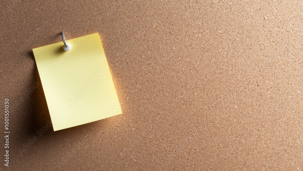 Photo of an empty yellow sticky note attached to the left side of a light brown wooden corkboard Photo of an empty yellow sticky note attached to the left side of a light brown wooden corkboard