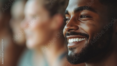 A close-up shot of a young man with a bright and cheerful grin, showcasing youthful exuberance and positivity with a softly blurred background.